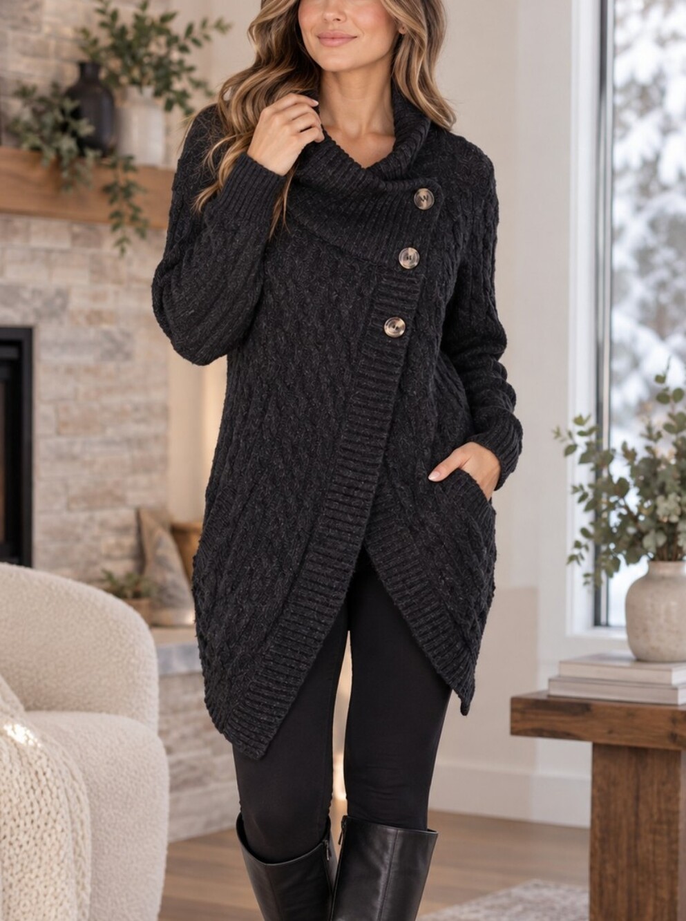 Reitmans Women’s M Cable Knit Asymmetrical Button Cardigan Sweater Cozy